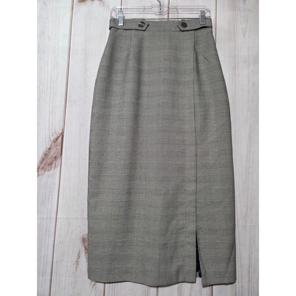 Worthington Vintage Gray Glen Plaid Pencil Skirt High Waist Midi Slit Size 8